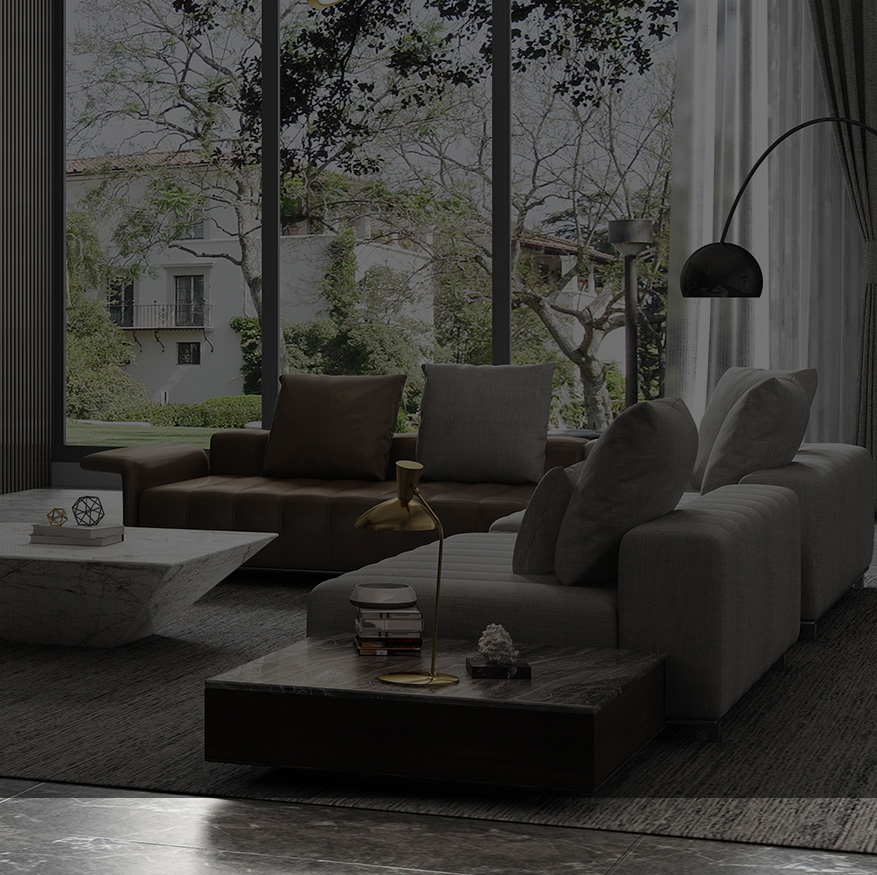 MIDHILL furniture — handcrafted oak and walnut pieces in a Morandi-toned living room